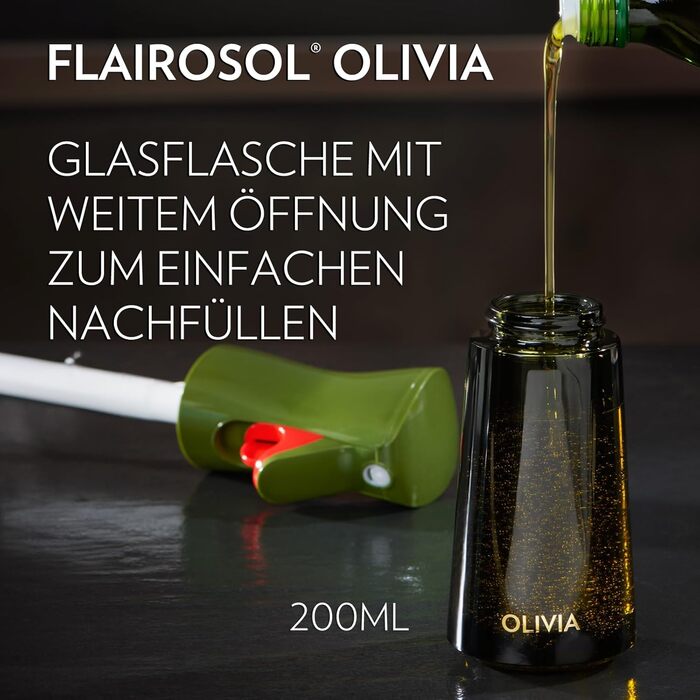 Скляний олійний спрей FLAIROSOL OLIVIA 200 мл, безперервне розпилення, контроль порцій, для кухні, салатів, грилю, випічки, зелений