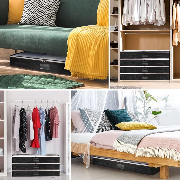 4 шт. Органайзери для зберігання під ліжком з кришкою, тканинні, чорні