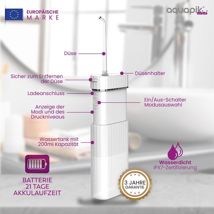 Портативна бездротова іригатор Aquapik® Mini | Іригатор для імплантів та брекетів | Бездротовий, водонепроникний IPX7, 1200 імпульсів/хв, 21 день роботи від акумулятора, 4 насадки (білий)
