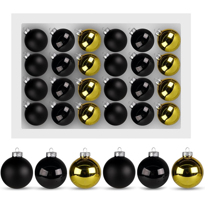 Набір ялинкових прикрас Hengsong - 24 чорні скляні кулі з золотом, 6 см
