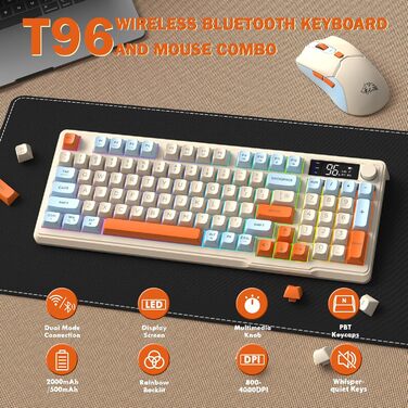 Бездротова клавіатура та миша FREEWOLF T96 з Bluetooth/2.4G, PBT-клавіші, дисплеєм, тихими клавішами, Anti-Ghosting, QWERTY (Heidelbeere)