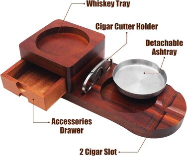 Wood Cigarette Ashtray Whiskey Coasters - Crefun CK2631 cigar accessories for men Whiskey cigar gift set, with removable ashtray drawer, cigar cutter and 2 cigar holders with drawer