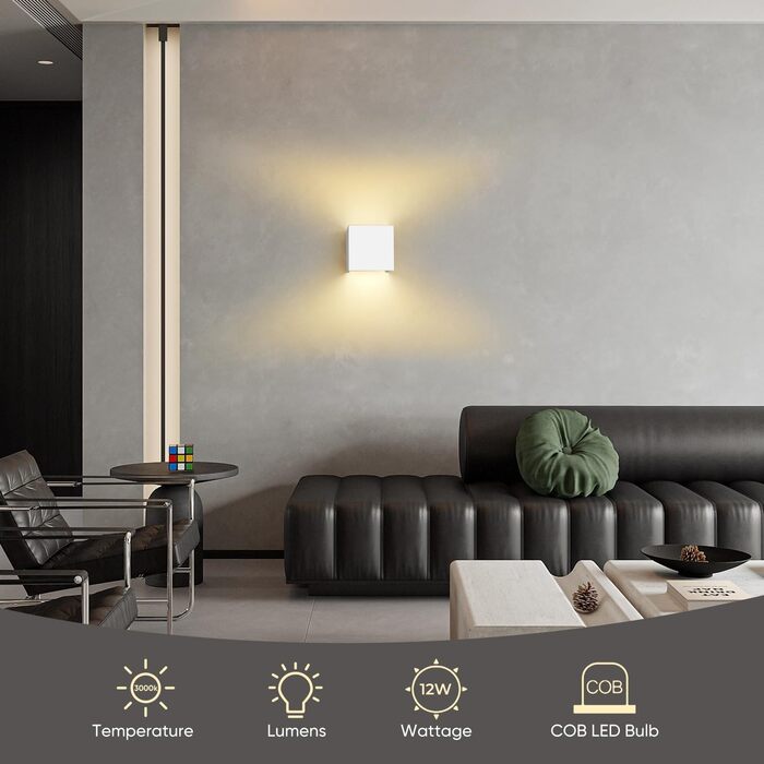 2 Pack LED Wall Light 12W, Indoor/Outdoor Aluminum Wall Lamp Adjustable Beam, 3000K Warm White Outdoor Wall Light IP54 for Living Room Bedroom Garden (White)
