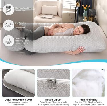 Подушка для вагітних GKXLH – підтримка спини, живота та стегон, J-подібна форма, знімний охолоджуючий чохол, сірий колір