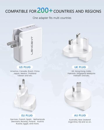 Універсальний адаптер LENCENT з USB-зарядкою 4 в 1, 22W (EU/US/UK/AU) для мобільних пристроїв