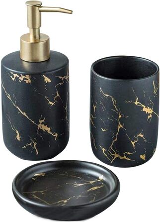 Набір аксесуарів для ванної кімнати FülleMore з кераміки, люкс, мармурова текстура, 3 шт. (дозатор для мила, мильниця, стаканчик для зубної пасти, чорний)