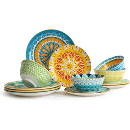 Набір посуду на 4 особи: 12-ти частинний сервіз з порцеляни, керамічний набір посуду, кольоровий дизайн, повний сервіз