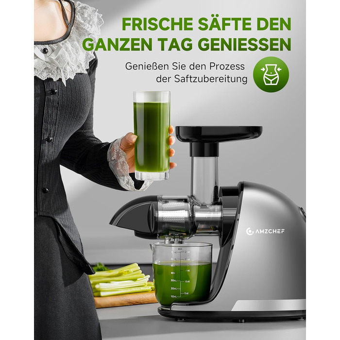 Електричний соковичавник AMZCHEF для овочів та фруктів - Slow Juicer з функцією реверсивного подрібнення, без фільтру, з щіткою та 2 чашками, сріблястий (30x19.6x30 см)