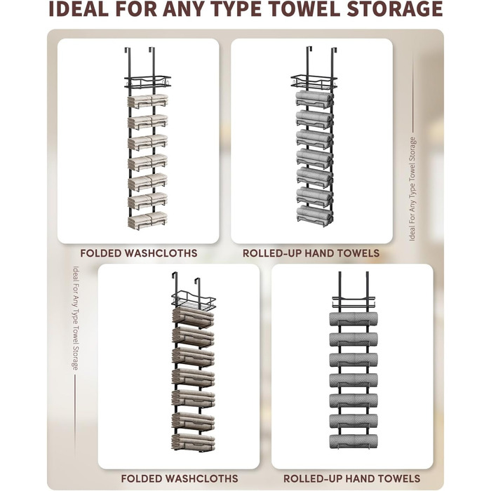 Настінний тримач для рушників у ванну кімнату, без свердління, 6-ярусна полиця для рушників над дверима, багаторівневий органайзер для рушників на двері, для складання (Чорний, 8 ярусів)