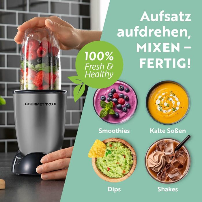 GOURMETmaxx Mr. Magic: Блендер для смузі та шейків | 400W | Комплект з 4 насадок | Чорний, Антрацит | Mr. Magic Power +