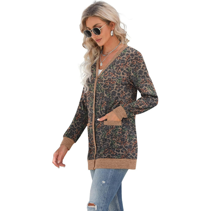 Жіночий довгий в'язаний кардиган Grecerelle Leopard, чорний, з кишенями та V-подібним вирізом