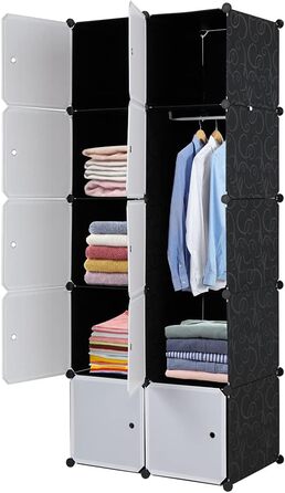Regal system, 10 cubes, plastic wardrobe with doors, modular cabinet for space-saving storage, 70 x 45 x 175 cm, white door & black cabinet, for storing clothes, shoes, etc.