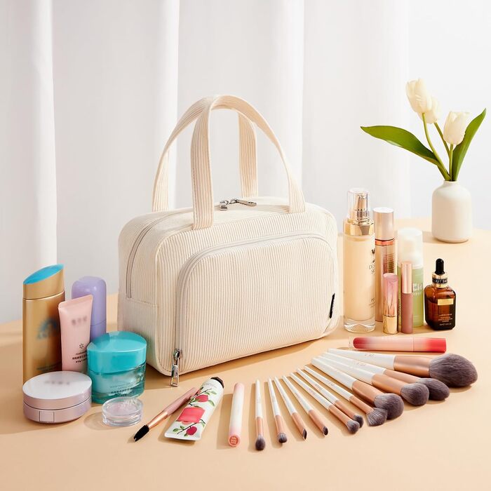 Косметичка жіноча Kalidi з багатьма відділеннями та слотом для пензлів, велика сумка для макіяжу, органайзер для косметики, валізка, темно-зелений (бежевий)