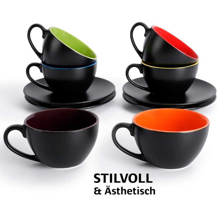 MIAMI - 6 x 175 ml Cappuccino Cups with Saucers & Stand/Cappuccino Cup Set - Le Papillon Collection (Colorful)