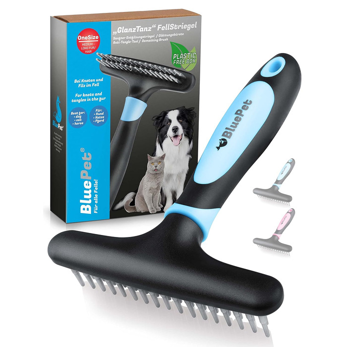 Феллентвіррер BluePet для довгошерстих собак та котів: щітка-розпушувач з двома рядами пінів. Розплутує, видаляє підшерстя та розгладжує довге волосся. Версія 1.0, блакитна