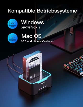 Док-станція Inateck USB 3.0 для HDD/SSD 2.5/3.5 дюймів, Dual-Dock, підтримка Offline-клонування, RGB, SA02002