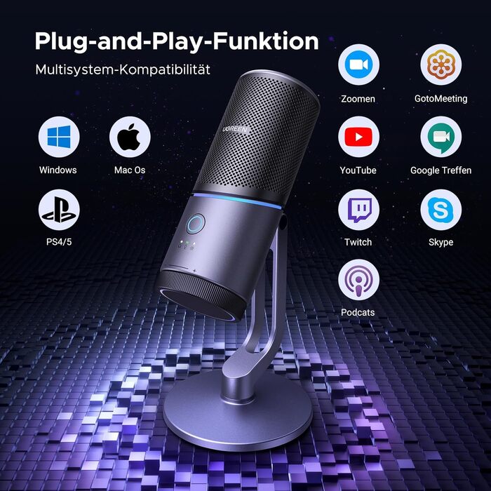 Мікрофон UGREEN для геймінгу та стрімінгу з RGB підсвічуванням USB, 24bit/96kHz, для ПК, PS5/PS4, запису, ноутбука