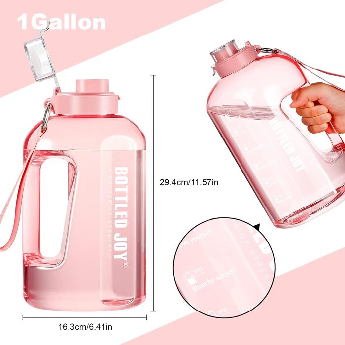 Sport Water Bottle, 1 Gallon/ 3.5L Water Bottle with Time Markers, Leak-Proof, Reusable & BPA-Free Water Bottle with Handle Cleaning Brush for Gym, Office (Pink, 3785 ml)