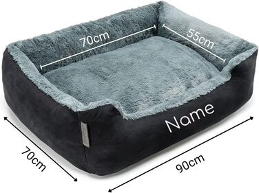 Ліжко для собак Lionto з двостороннім подушкою та неслизьким дном, міцне лежання для собак та котів будь-якого віку, 60x48 см, м'яке собаче ліжко, (Д 90 x Ш 70 x В 20 см (з нанесенням імені), чорний/сірий)