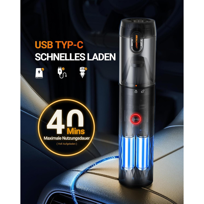 SEALIGHT Автомобільний акумуляторний пилосос 29000Pa з безщітковим мотором, до 40 хв роботи, легке очищення, для дому, авто, шерсті тварин