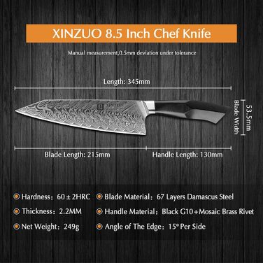 XINZUO ніж кухарський Дамаск 21.5см, Kiritsuke Gyuto, професійний, сталь G10, магнітний чохол, серія Feng