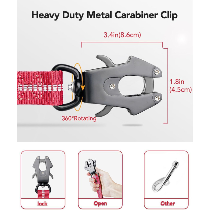 Тактична повідок для собак Joytale, еластична повідок з 2 м'якими ручками, страхувальний ремінь для авто, повідок без ривка для середніх, великих та екстра-великих собак (1.2м-1.8м, світиться рожева)