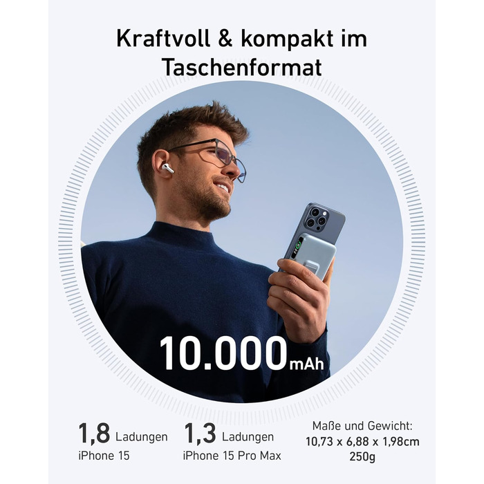 Powerbank Anker MagGo: 10000mAh, Qi2, 15W, MagSafe, USB-C, з дисплеєм та підставкою (Синій)