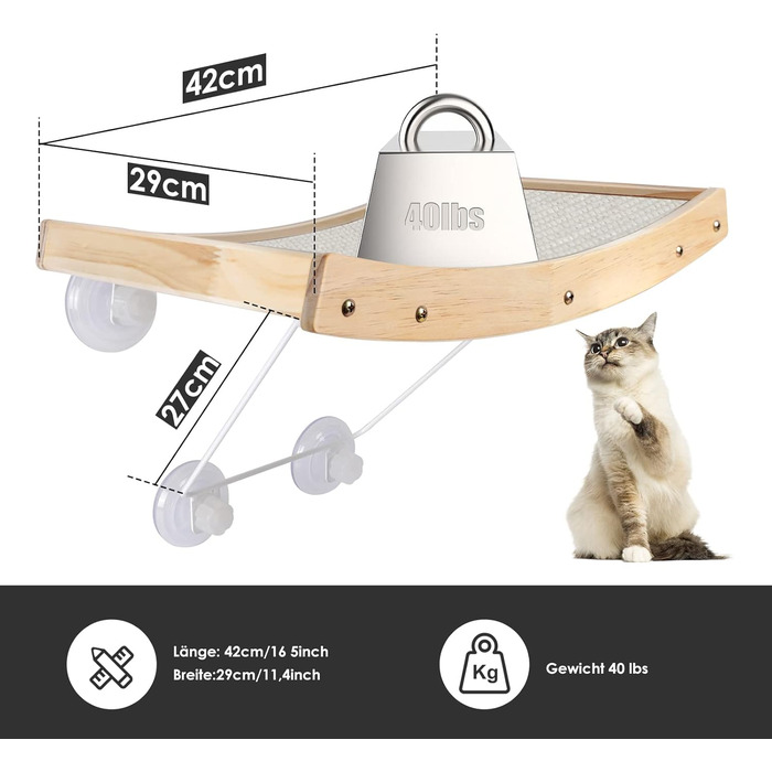 Zonema ZNM Cat Window Perches - Cat Hammock Sisal, Solid Wood Frame, Cat Bed Window with Strong Suction Cups, Cat Hanging Bed Window, Space-Saving Design, Holds up to 18KG