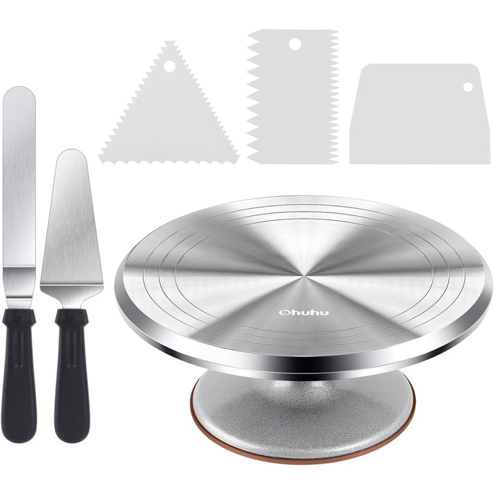 Ohuhu Поворотна платформа для тортів, 30 см, алюмінієвий сплав, з 2 шпателями та 3 скребками для декорування та випікання, подарунок для кондитерів, срібна