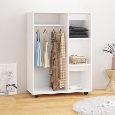 vidaXL Wardrobe with Open Shelf, 3 Side Shelves, Wheels, Coat Rack, Wardrobe, Bedroom, Cabinet, White, 80x40x110cm, Wood Composite