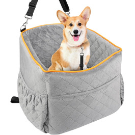 Memory Foam Dog Car Seat for Small Dogs (Under 11kg) - Elevated Design with Storage Pockets (Gray)