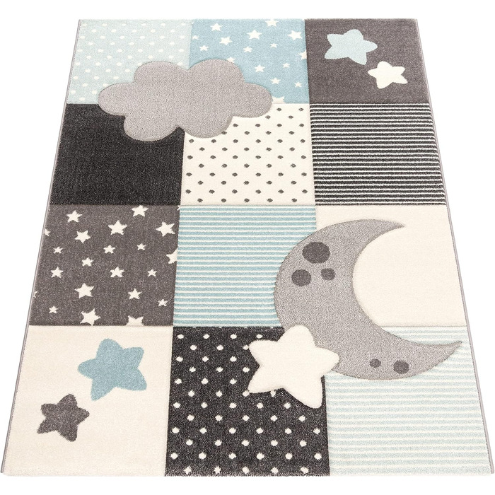 Paco Home Children's Rug, Carpet, Kids' Room, Boy, Girl, Pastel, Modern, Checkered, Dots, Moon, Stars, White, Gray, Blue, Size: Ø 120 cm Round