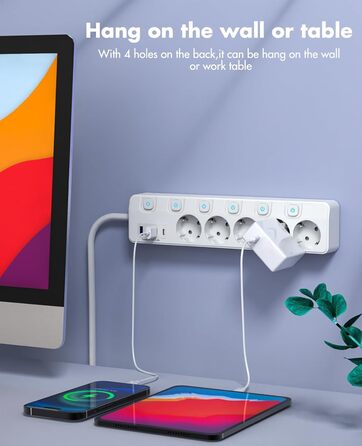 Многорозеткова смуга з 5 розеток та 4 USB-портами швидкої зарядки, KEPLUG, захист від перенапруги, індивідуальне вмикання/вимикання, плоский штекер, настінний монтаж, для офісу, кухні, столу, білий