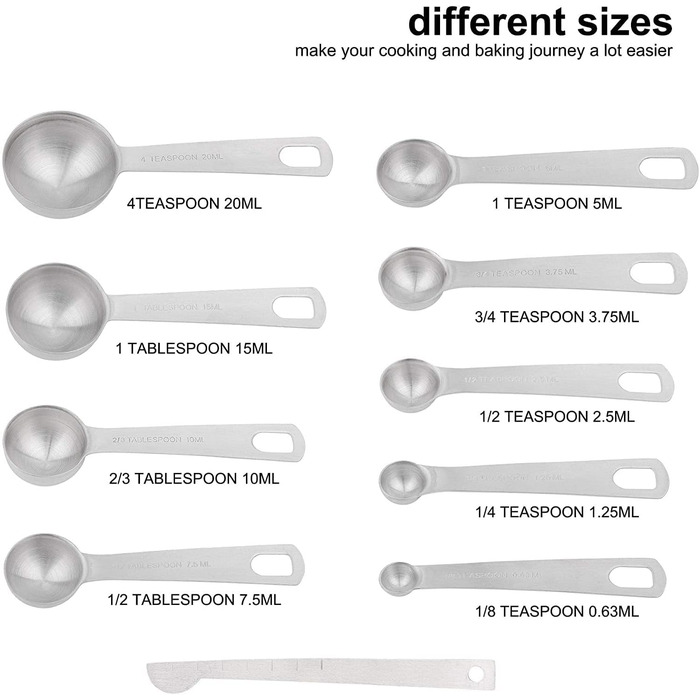 Stainless Steel Measuring Cups and Spoons Set, 8 Piece Measuring Cups, 9 Piece Spoons, 1 Leveler, 1 Conversion Chart for Stainless Steel Measuring Cups, 18/8 (304)