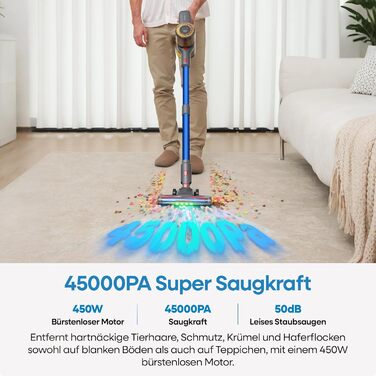 UNINELL HOME Бездротовий акумуляторний пилосос 45000Pa/450W/60Min з LED-дисплеєм, антизаплутана щітка, тихий, для килима, твердих поверхонь та шерсті тварин, блакитний