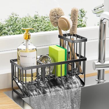 Cisily Kitchen Sink Caddy Organizer with Tall Brush Holder, Sponge Holder for Sink, 304 Stainless Steel, Kitchen Countertop, Soap Dispenser, Organizer, Kitchen Decoration and Accessories
