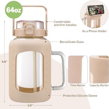 2 Liter Glass Water Bottle with Handle, 2L Glass Pitcher with Straw and Lid, Motivational Sports Water Jug with Time and Volume Markings, Leak-Proof, Light Green (Amber, 2000 ml)