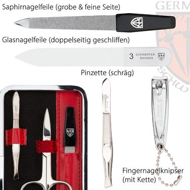 Набір для манікюру Drei Schwertter 'Genova' 6 предметів | Німецька якість | У подарунковій коробці з червоного штучної шкіри | Манікюрний набір: ножиці для нігтів, ножиці для кутикули, кусачки для нігтів, скляна пилка для нігтів, пінцет, сапфірова пилка д