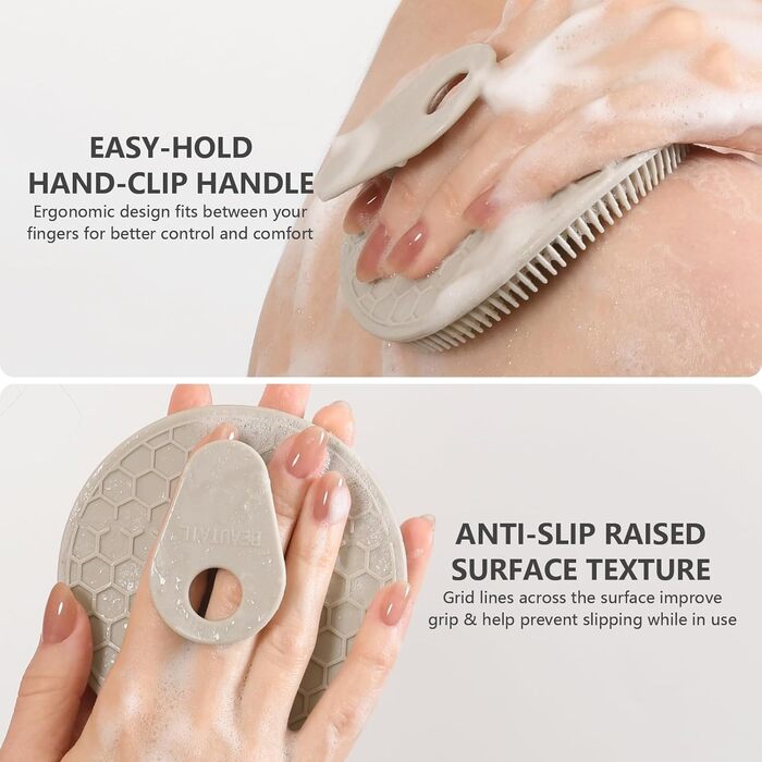 Силіконова щітка для тіла, скрабер для душу, щітка для тіла, скрабер для пелінгу, м'які щетинки, для жінок, чоловіків, дітей, чутливої шкіри, 1 шт. (Чорний+сірий)