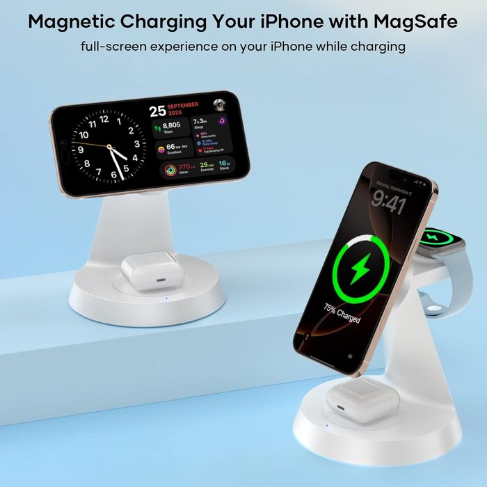 Зарядна станція Mag-Safe 3-в-1: для iPhone, Apple Watch, AirPods (біла)