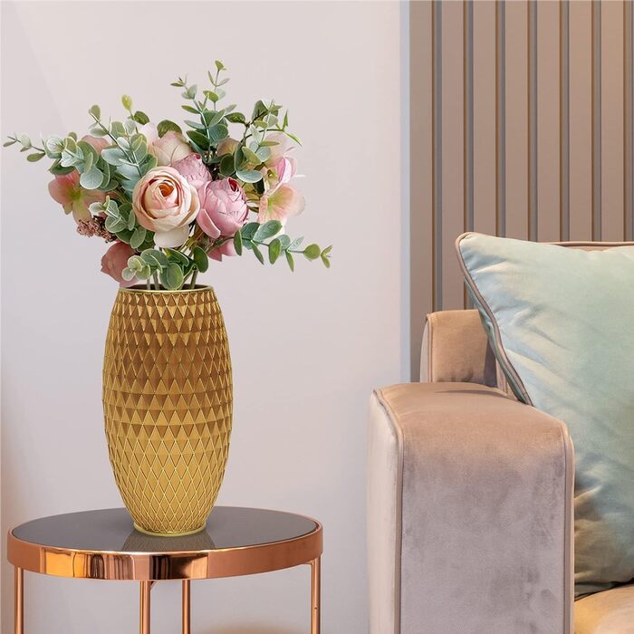 Декоративна ваза для квітів, блакитно-золота, з діамантовим візерунком, широкою основою та вузьким горлом. Ідеально для декору вітальні, їдальні, коридору, спальні. Чудовий подарунок на новосілля