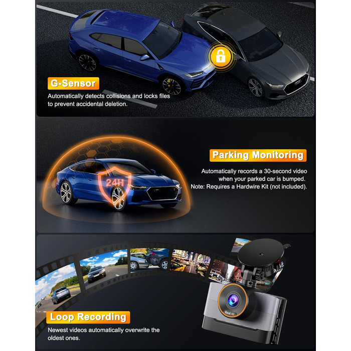 Відеореєстратор Auto Dashcam 4K+1080P з Wi-Fi, 64GB, IPS 3' екраном, Нічне бачення, G-сенсор, Loop-запис, 170°+140° Кут огляду, Паркінг 24/7, Керування через App, Підтримка до 256GB