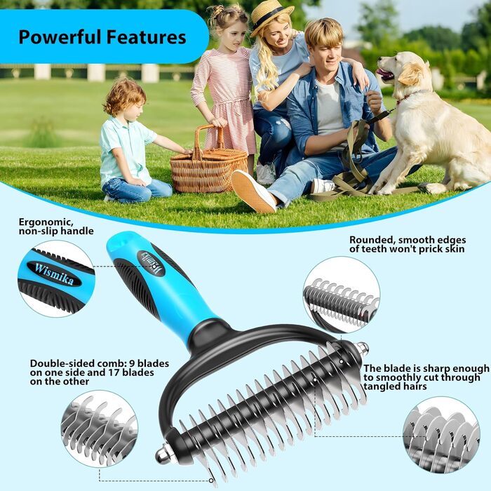 Двостороння щітка для грумінгу собак та котів 2-в-1, для видалення підшерстка, самоочисна (блакитна)