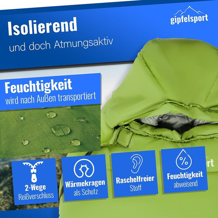 Сплячий мішок Gipfelsport Ultraleicht 4 сезони [-20°C до 15°C] | Чорний/Зелений, ультралегкий, для трекінгу, кемпінгу та подорожей