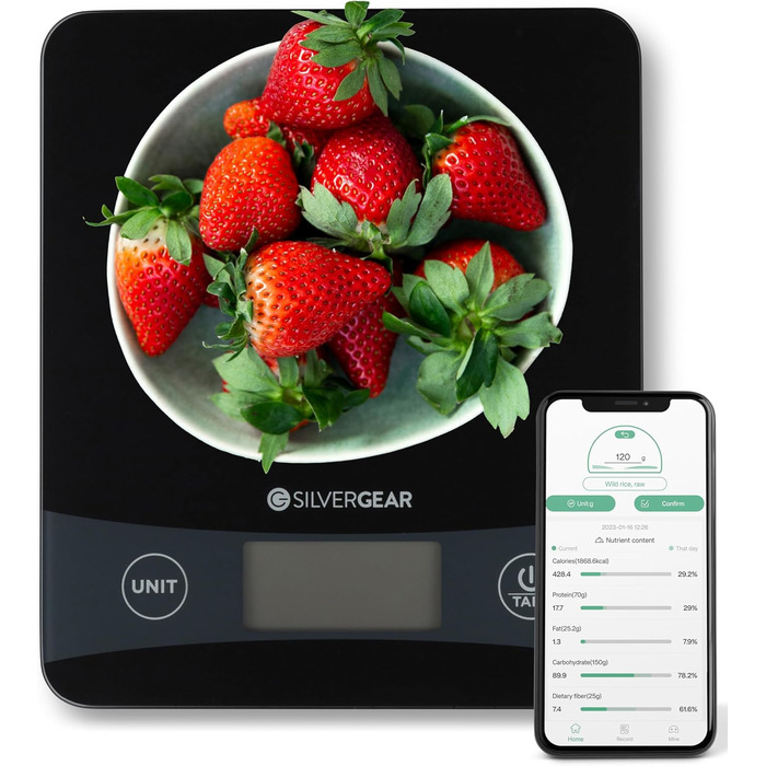 Кухонні ваги Silvergear® Digital з підключенням до App до 5 кг | Електронні кухонні ваги з функцією тарування | Цифрові ваги з підрахунком калорій | Точне вимірювання до 0,1 г | Підсвічений LCD-дисплей | Чорний