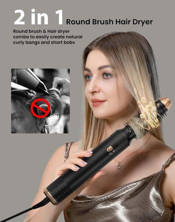 Набір для укладки волосся 6 в 1: фен-щітка, плойка, негайні іони, 110000 обертів, регулювання температури, тиха робота (чорний)