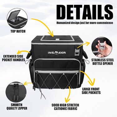 Сумка-холодильник INSMEER 40L з колесами, для пляшок, водонепроникна, чорна - для пляжу, кемпінгу, пікніка, покупок