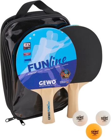 Набір для настільного тенісу GEWO Fun – комплекти від 1 до 4 ракетки, м'ячі, сумка та сітка – для початківців, хобі та відпочинку. Поверхня з гумовими ніжками, ергономічна ручка. Комплект 2 ракетки + 3 м'ячі + сітка