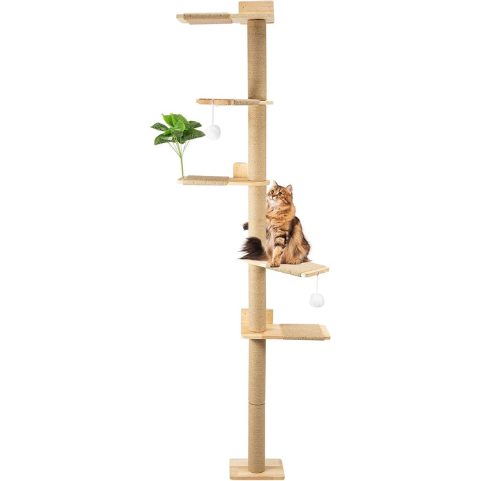 Кігтеточка-стійка для котів 206 см з натурального каучукового дерева, 5 ярусів, настінна, з широкою основою, плюшевими кульками, 360° обертання, XXL кігтеточка для котів для лазіння та дряпання