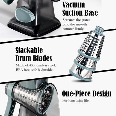 Ручна тертка для сиру та овочів Dreamhigh з ручкою, 3 змінні леза з нержавіючої сталі, ідеальна для сиру, овочів, горіхів та інших продуктів, білий (блакитний)